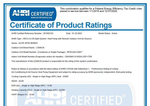 AHRI Certificate AHRI Certificate